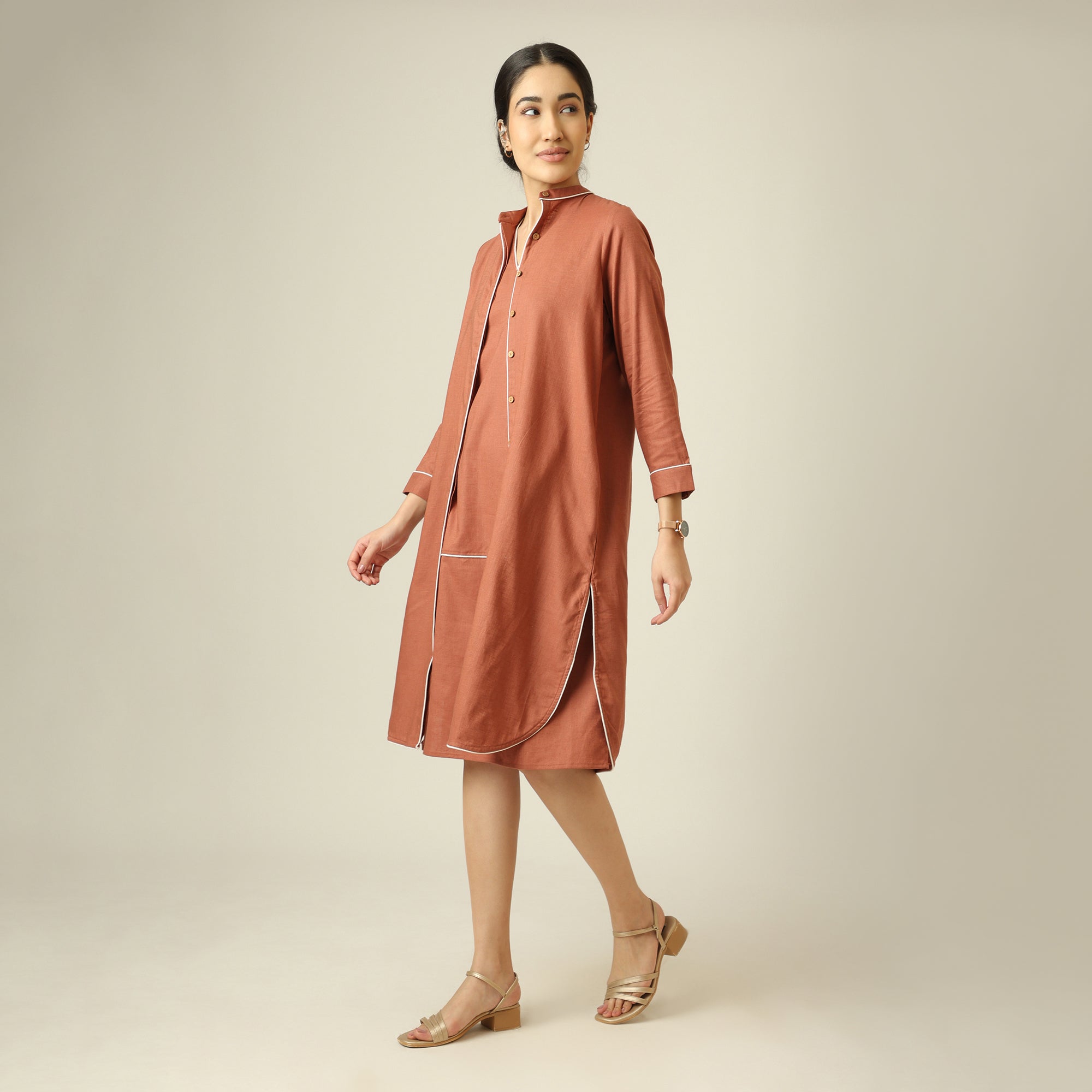 Jackie Dress & Jacket Set - Terracotta Brown With Ecru Edging