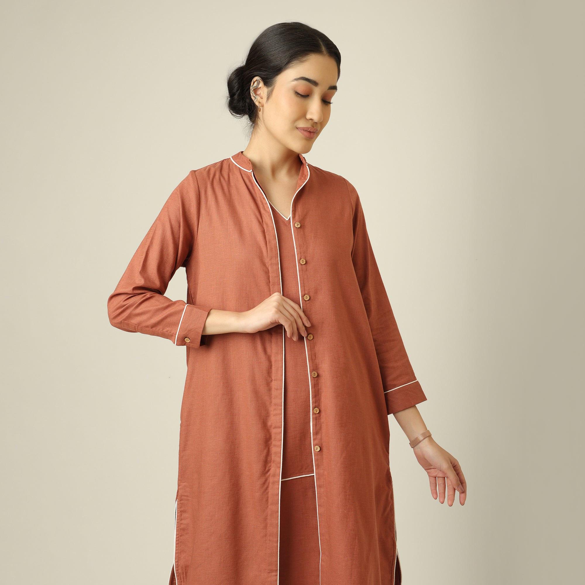 Jackie Dress & Jacket Set - Terracotta Brown With Ecru Edging