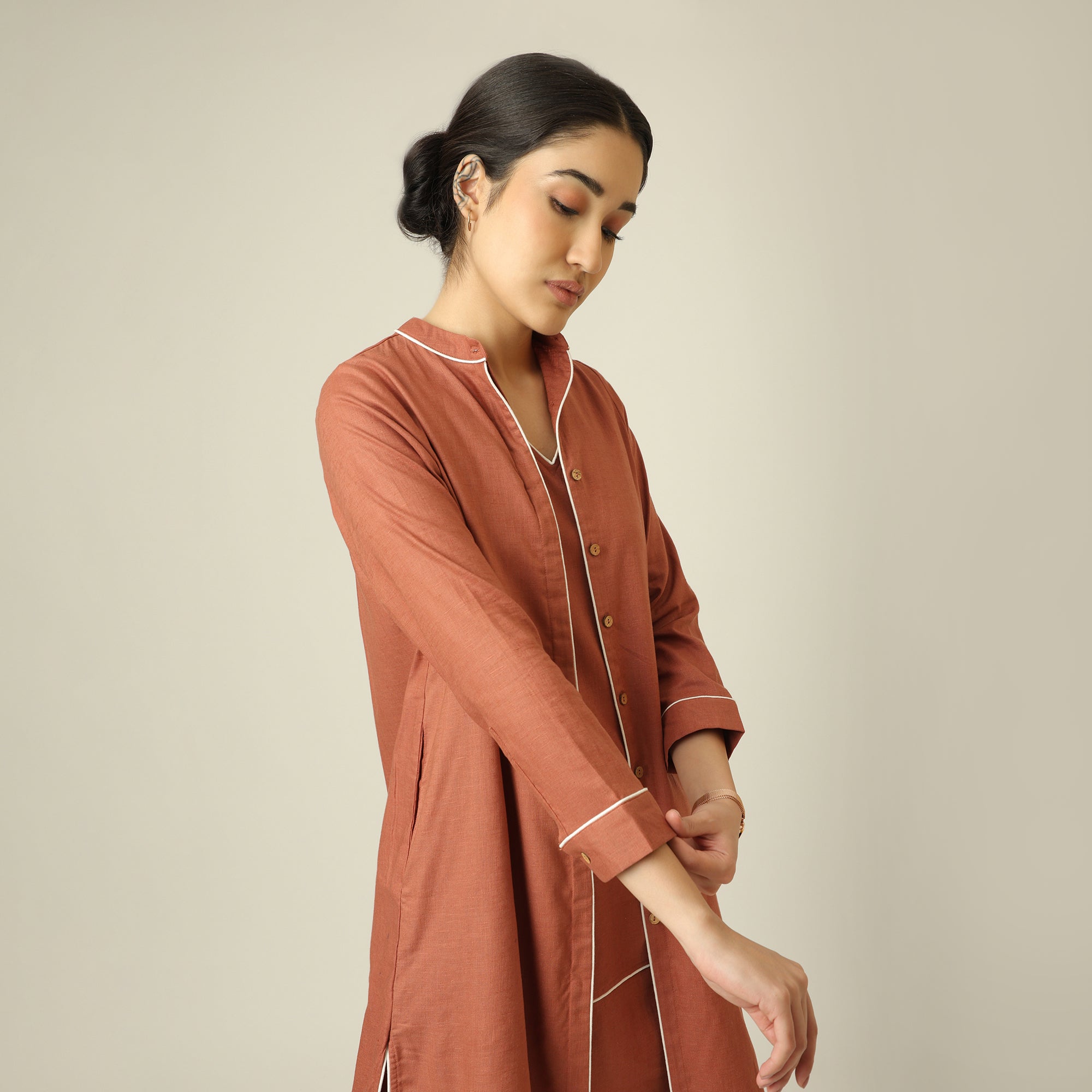 Jackie Dress & Jacket Set - Terracotta Brown With Ecru Edging