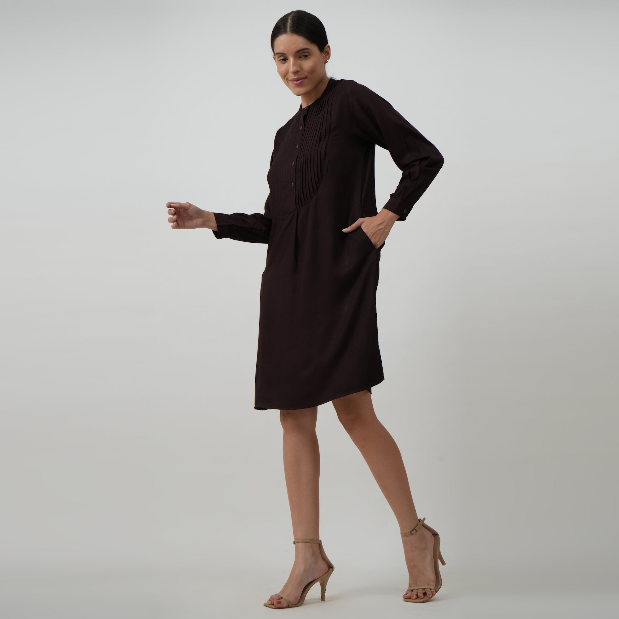 Esther Pintuck Yoke Tunic Dress - Coffee Brown