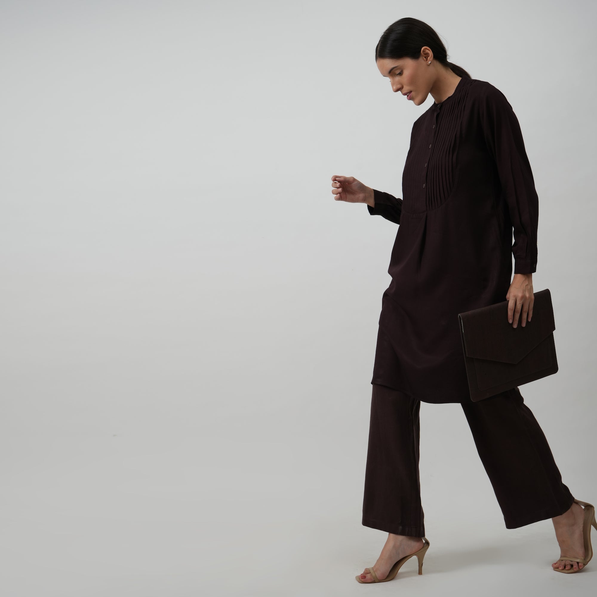 Esther Pintuck Yoke Tunic Dress - Coffee Brown
