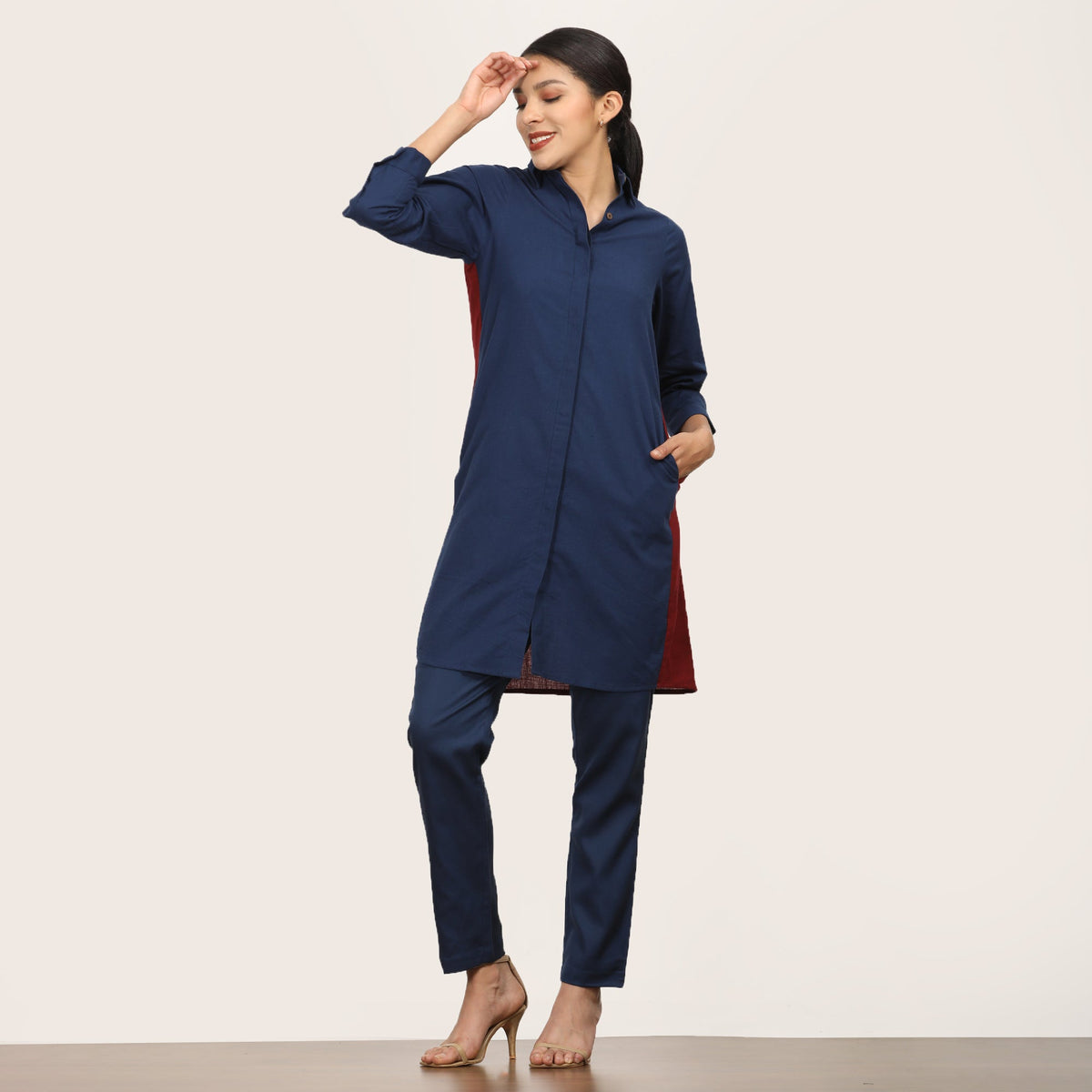 Sardaar Color Block Co-Ord Set Of 2 - Long Shirt & Pants - Navy & Maroon