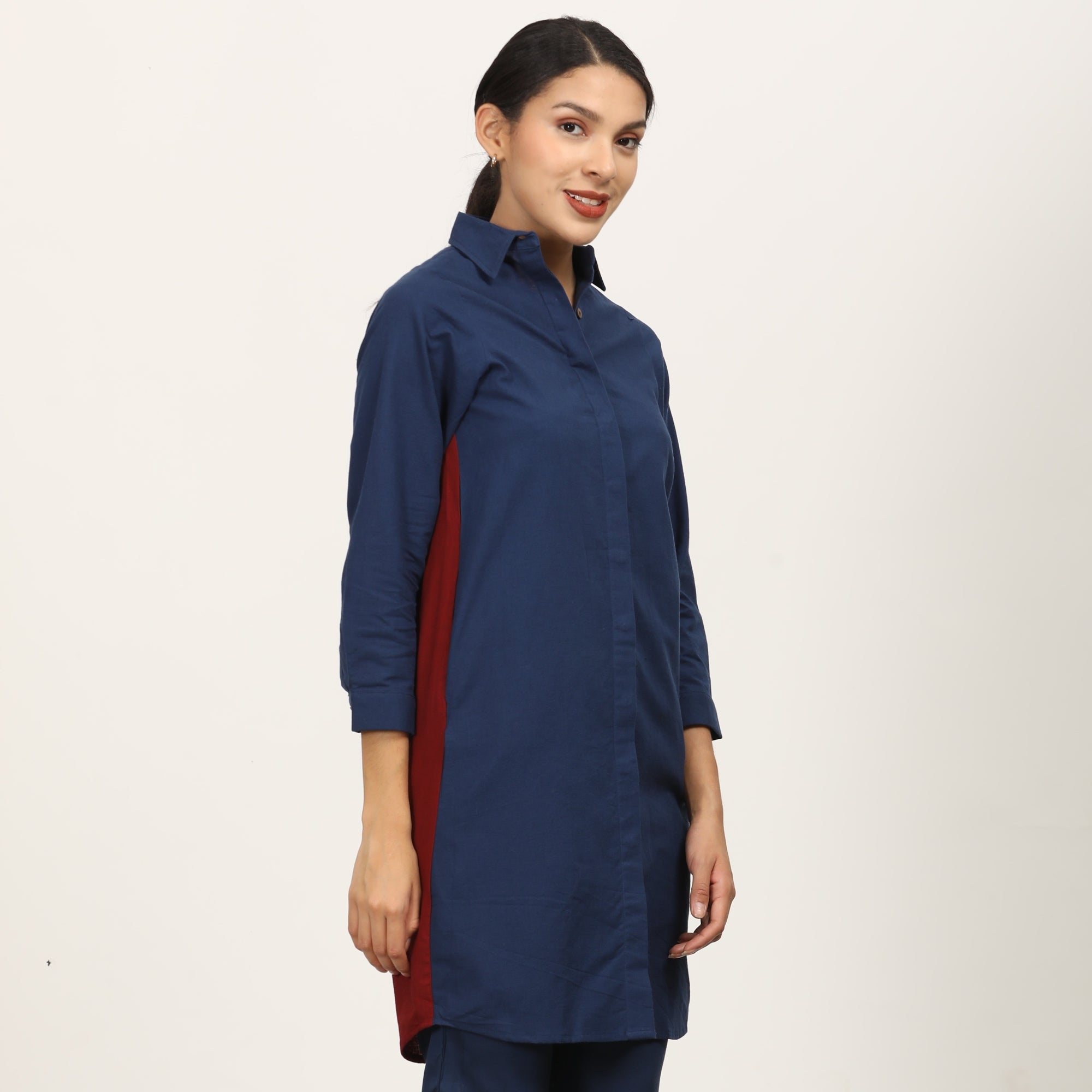 Sardaar Color Block Long Shirt - Navy & Maroon