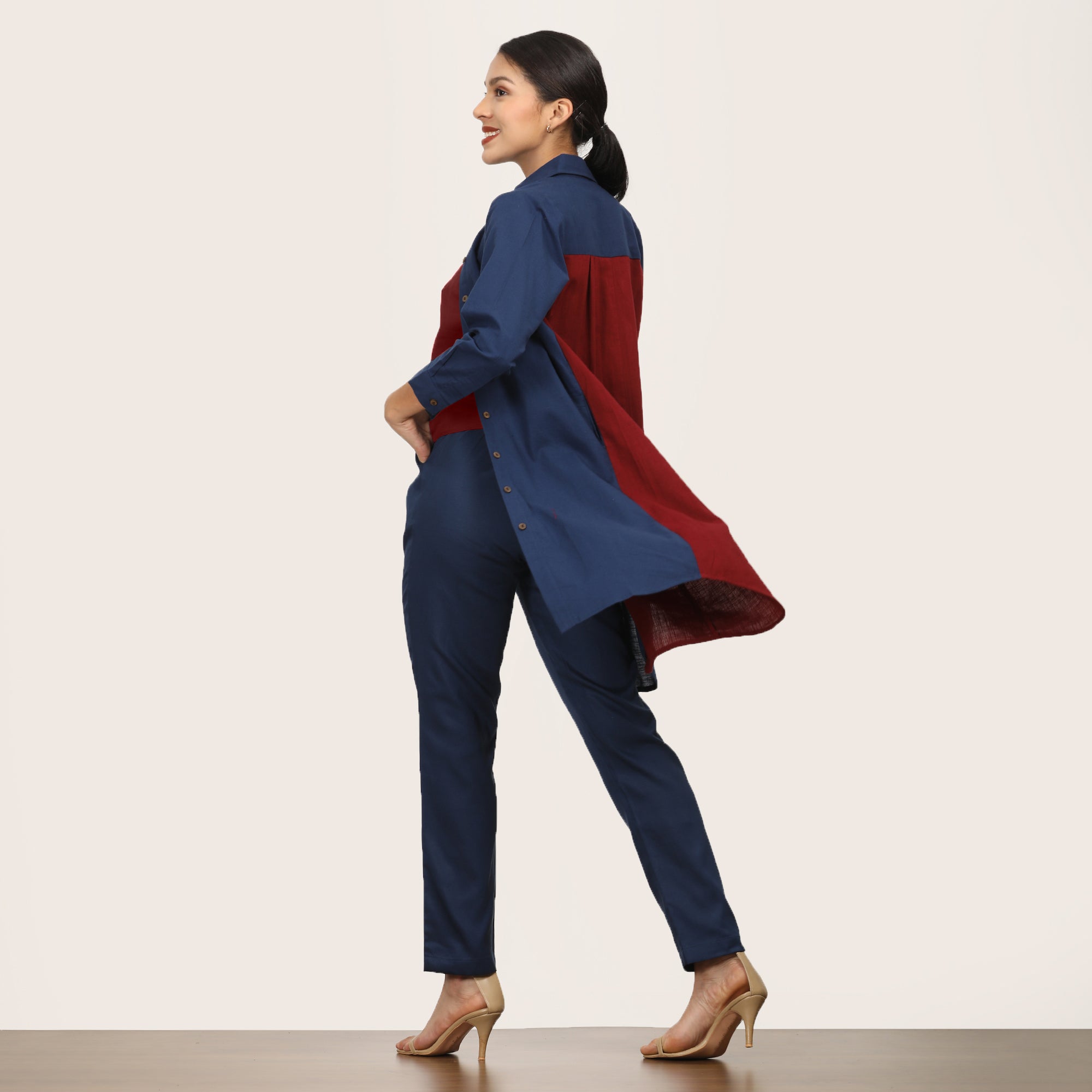 Sardaar Color Block Long Shirt - Navy & Maroon