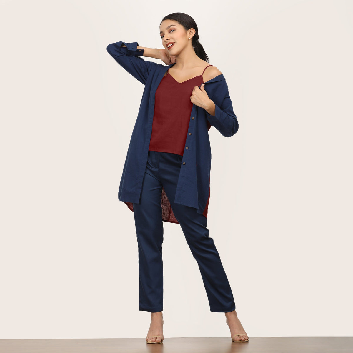 Sardaar Set Of 3 - Long Shirt, Inner & Pants  - Navy & Maroon