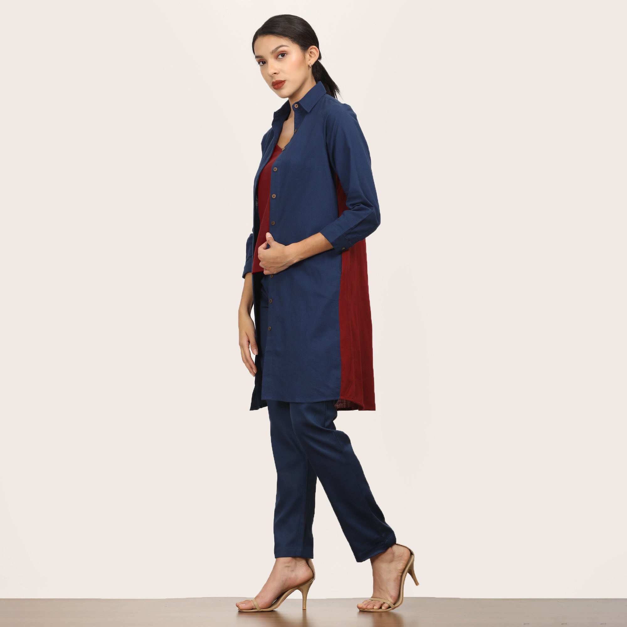 Sardaar Color Block Long Shirt - Navy & Maroon