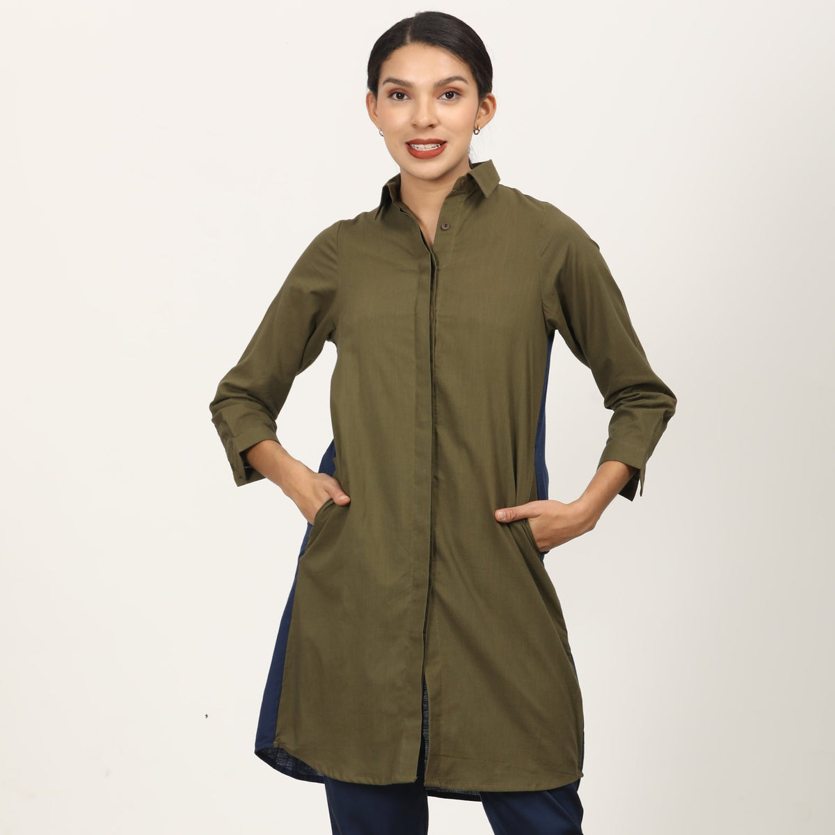 Sardaar Color Block Long Shirt - Olive & Navy