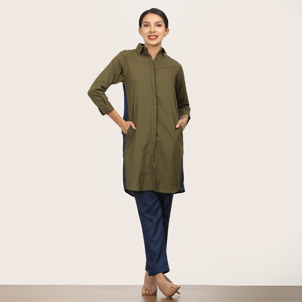 Sardaar Color Block Co-Ord Set Of 2 - Long Shirt & Pants - Olive & Navy