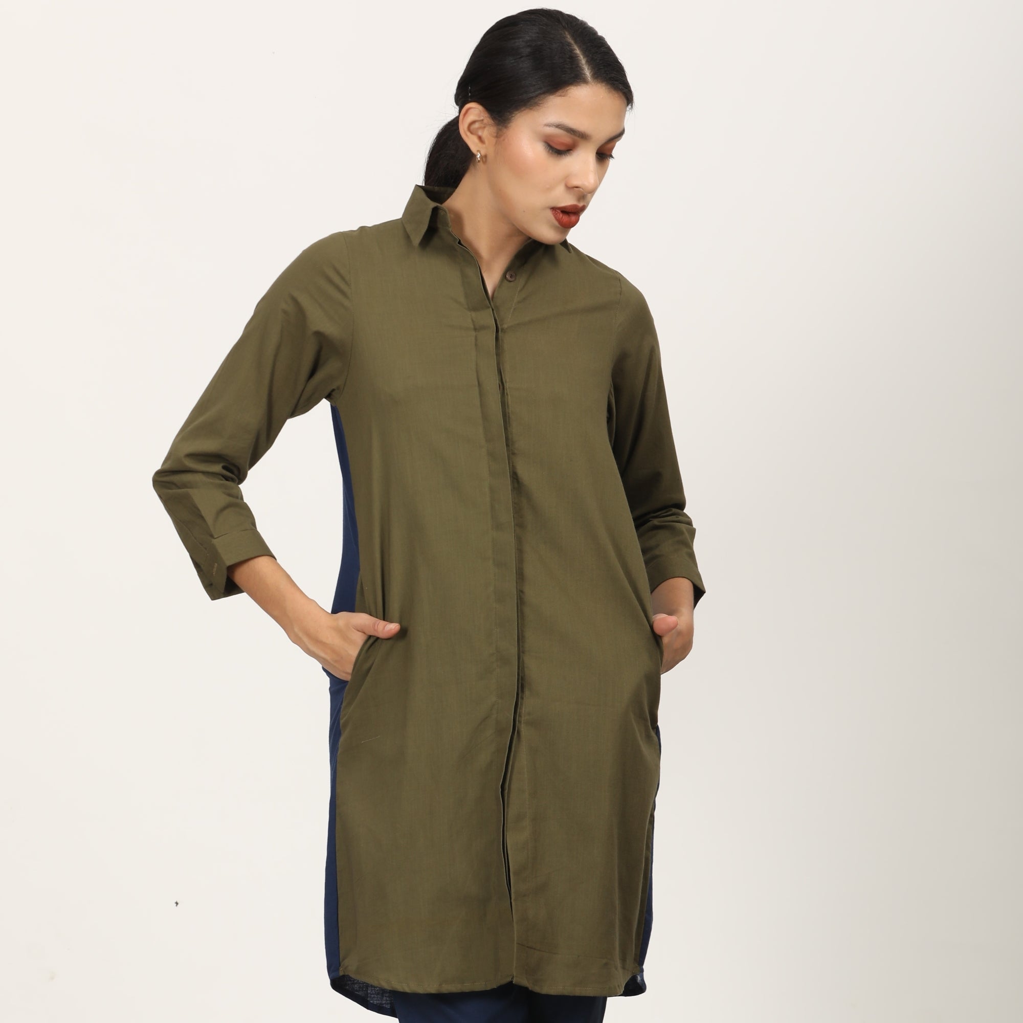 Sardaar Color Block Long Shirt - Olive & Navy