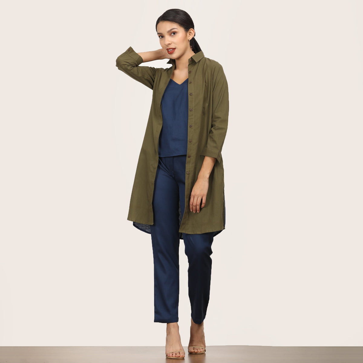 Sardaar Set Of 3 - Long Shirt, Inner & Pants  - Olive & Navy