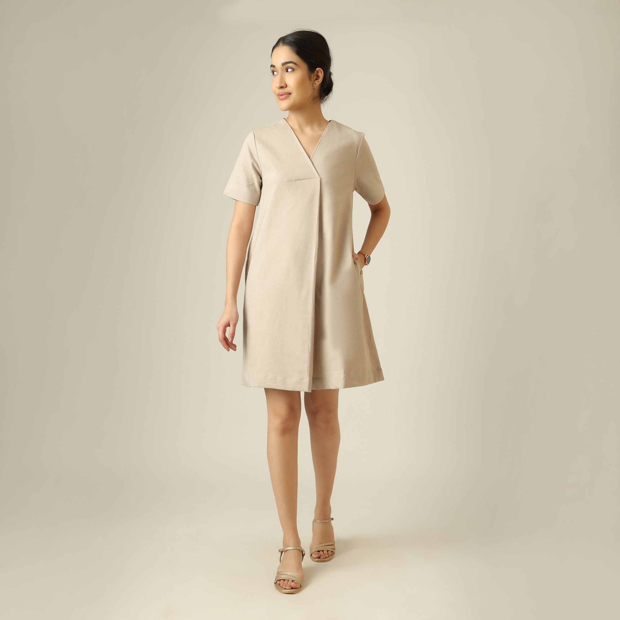 Elsie Front Pleat Dress - Greige