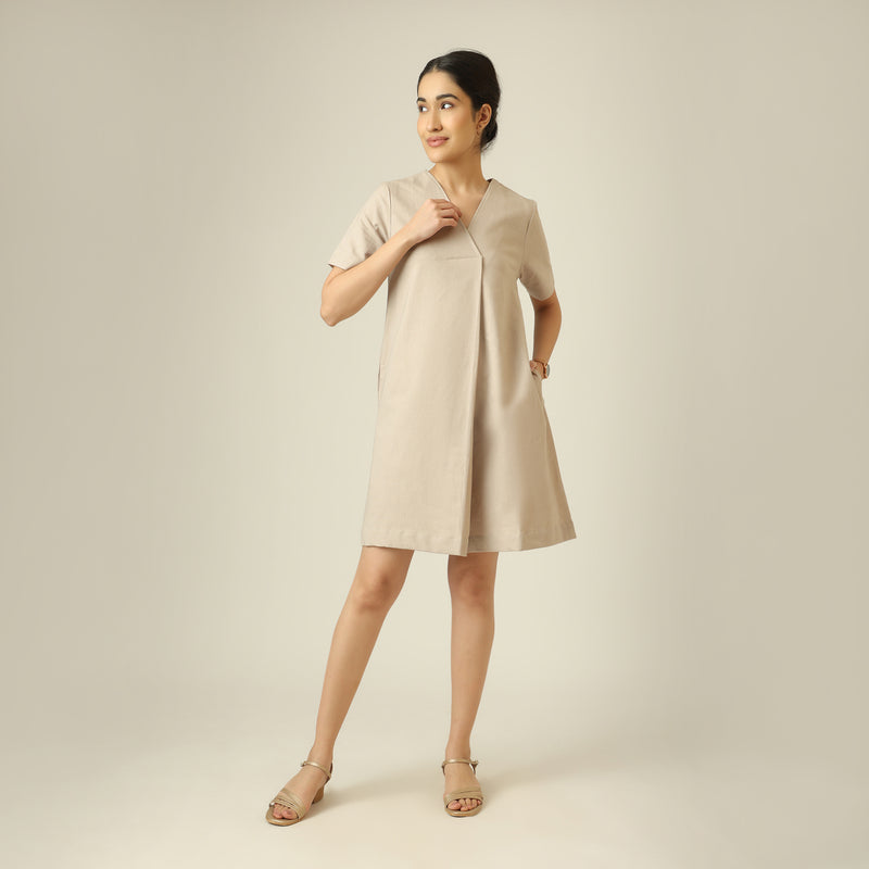 Elsie Front Pleat Dress - Greige