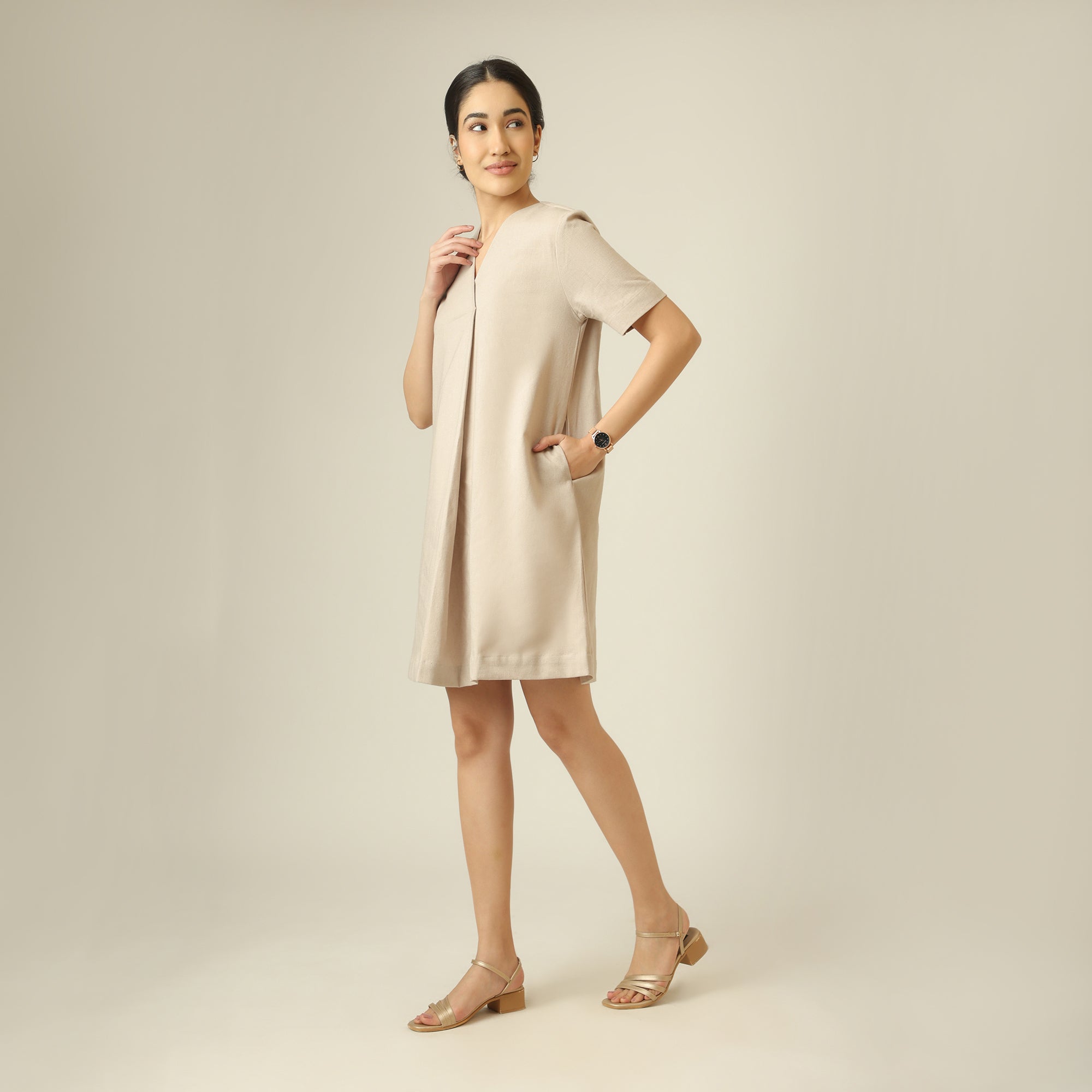 Elsie Front Pleat Dress - Greige