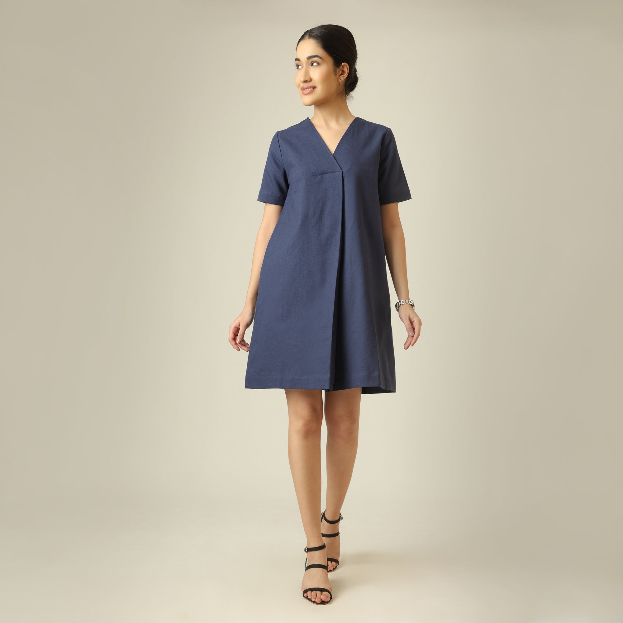 Elsie Front Pleat Dress - Navy Blue