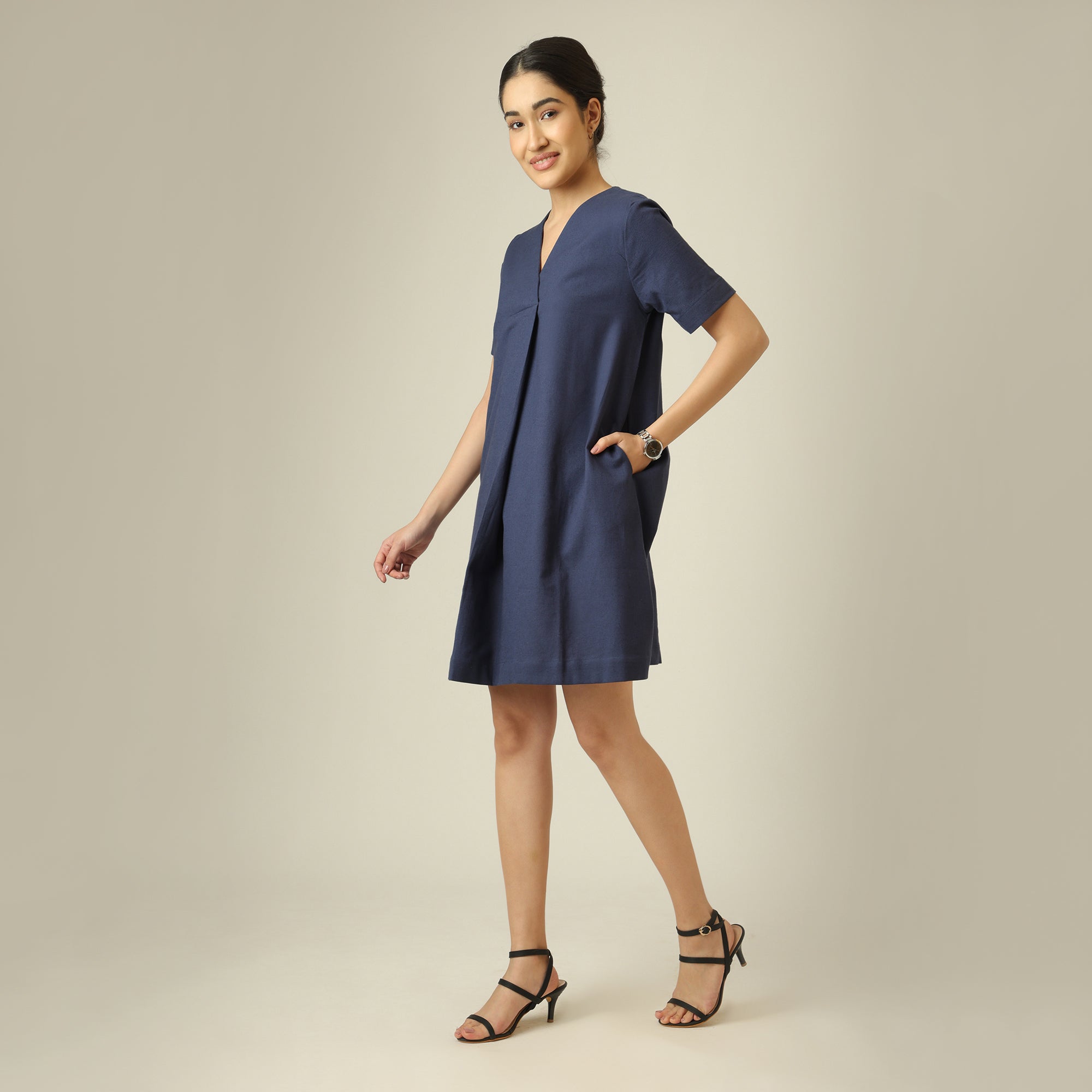 Elsie Front Pleat Dress - Navy Blue