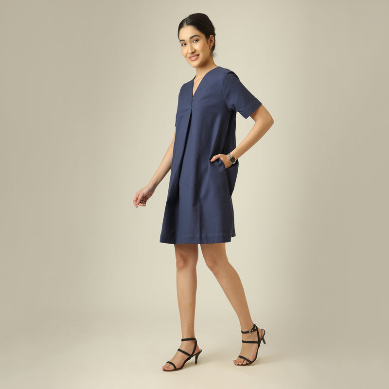 Elsie Front Pleat Dress - Navy Blue