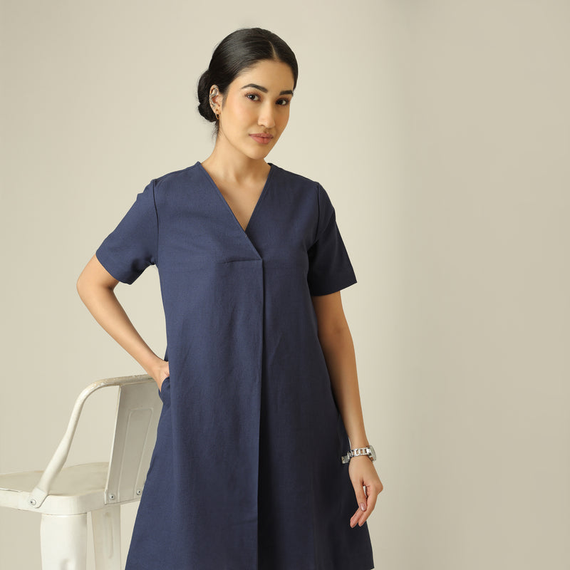 Elsie Front Pleat Dress - Navy Blue