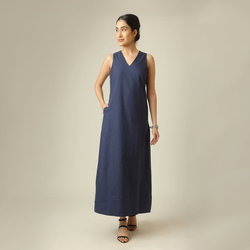 Mila Linen Maxi Dress - Navy Blue
