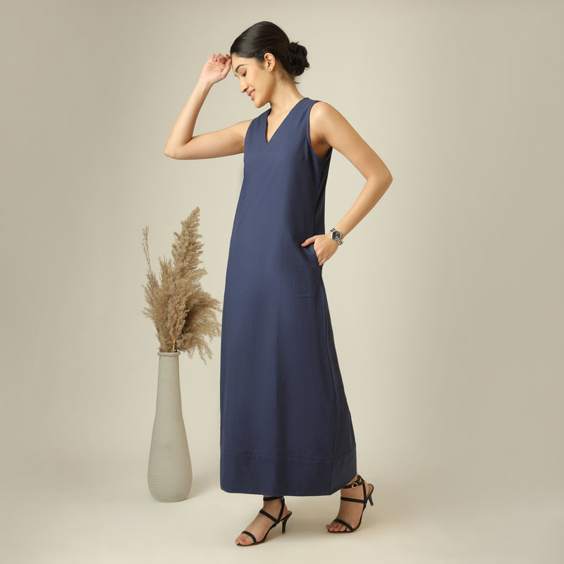 Mila Linen Maxi Dress - Navy Blue