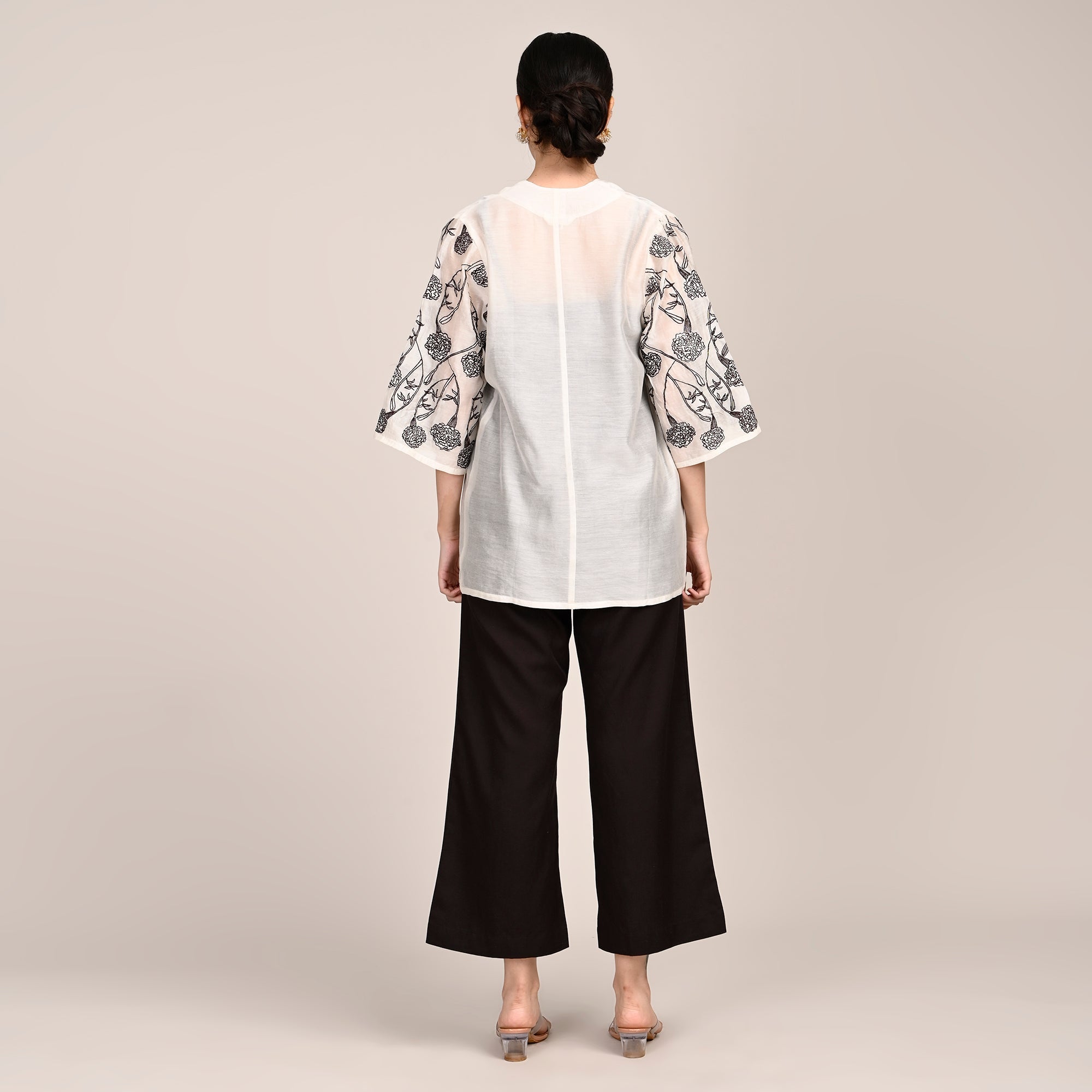 Juniper Set Of 3 With Hand Embroidered Motif - Limited Edition - Pearl White Chanderi Silk