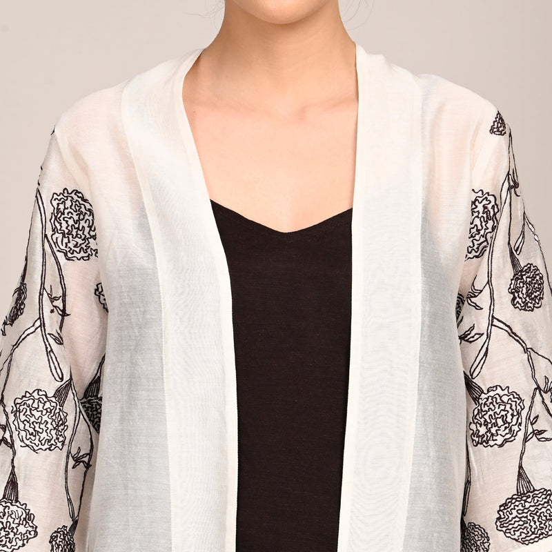 Juniper Overlay With Hand Embroidered Motif - Limited Edition - Pearl White Chanderi Silk