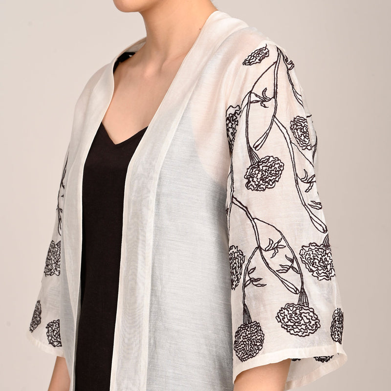 Juniper Overlay With Hand Embroidered Motif - Limited Edition - Pearl White Chanderi Silk