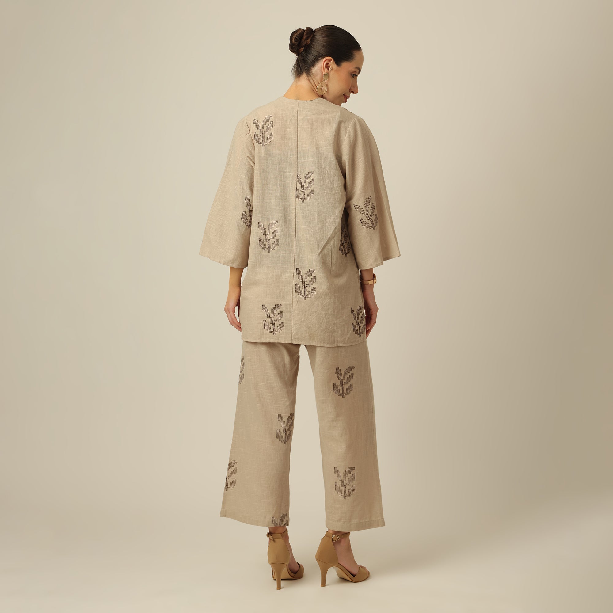 Juniper Set Of 3 - Overlay, Slip Top & Barrel Leg Pants - Greige & Coffee With Embroidery