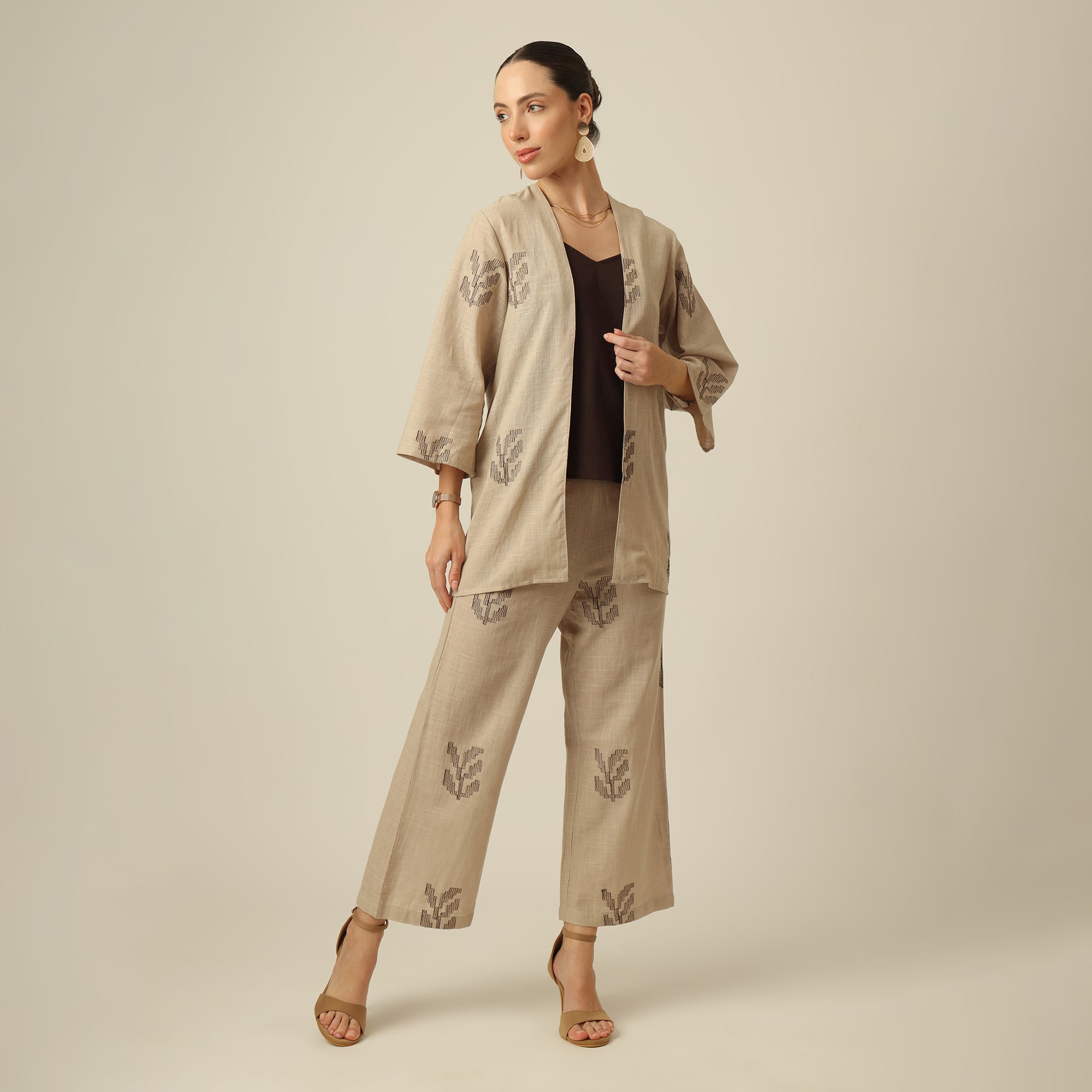 Juniper Set Of 3 - Overlay, Slip Top & Barrel Leg Pants - Greige & Coffee With Embroidery