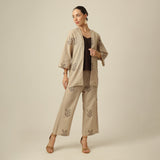 Juniper Set Of 3 - Overlay, Slip Top & Barrel Leg Pants - Greige & Coffee With Embroidery