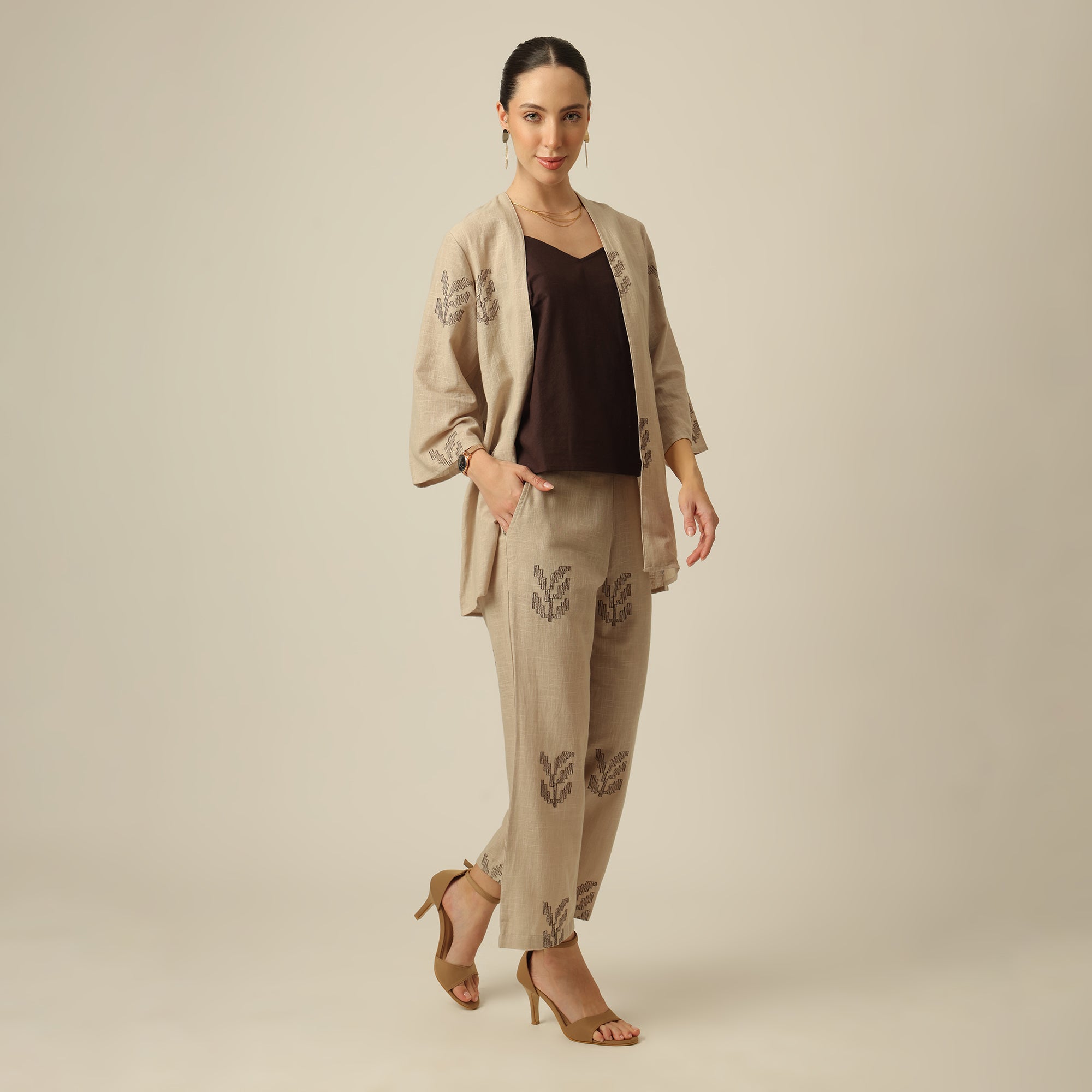 Juniper Set Of 3 - Overlay, Slip Top & Barrel Leg Pants - Greige & Coffee With Embroidery