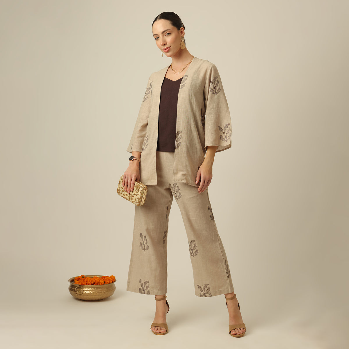 Juniper Set Of 3 - Overlay, Slip Top & Barrel Leg Pants - Greige & Coffee With Embroidery
