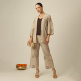 Juniper Set Of 3 - Overlay, Slip Top & Barrel Leg Pants - Greige & Coffee With Embroidery