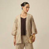 Juniper Set Of 3 - Overlay, Slip Top & Barrel Leg Pants - Greige & Coffee With Embroidery