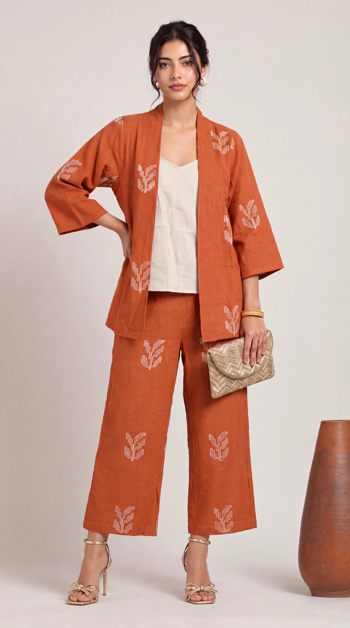 Juniper Set Of 3 - Overlay, Slip Top & Barrel Leg Pants - Orange & Greige With Embroidery