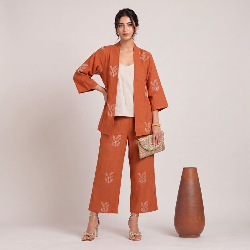 Juniper Set Of 3 - Overlay, Slip Top & Barrel Leg Pants - Orange & Greige With Embroidery