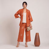 Juniper Set Of 3 - Overlay, Slip Top & Barrel Leg Pants - Orange & Greige With Embroidery