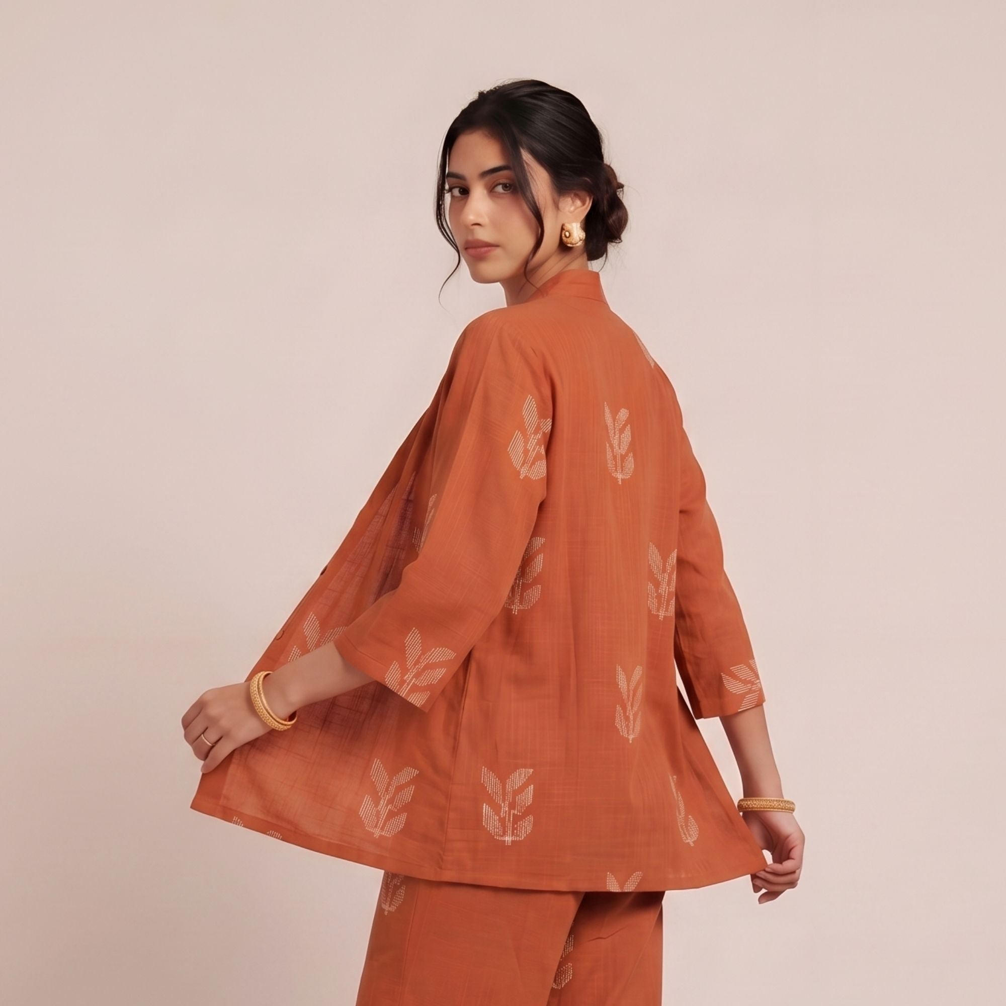 Juniper Set Of 3 - Overlay, Slip Top & Barrel Leg Pants - Orange & Greige With Embroidery