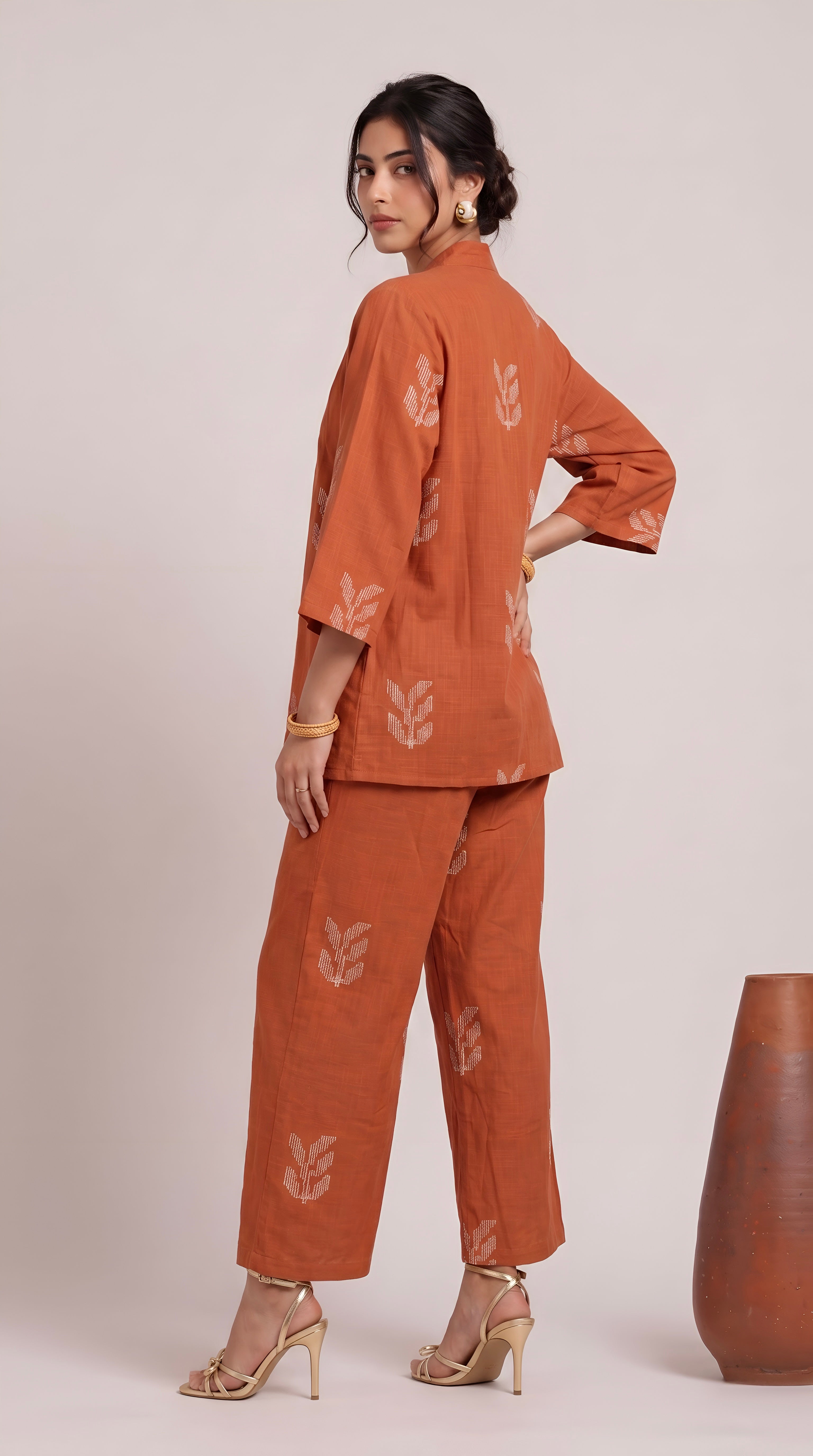 Juniper Set Of 3 - Overlay, Slip Top & Barrel Leg Pants - Orange & Greige With Embroidery