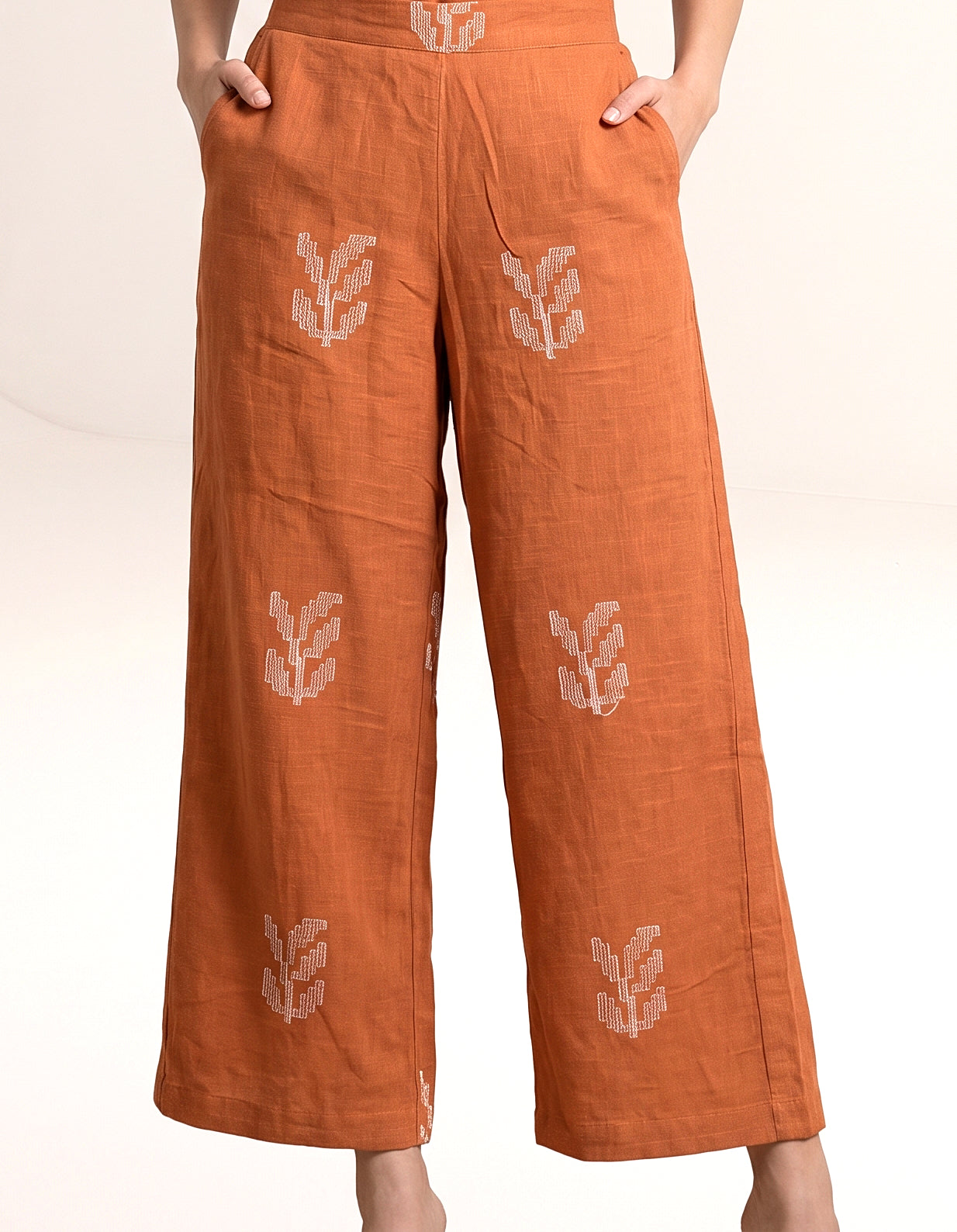 Juniper Set Of 3 - Overlay, Slip Top & Barrel Leg Pants - Orange & Greige With Embroidery