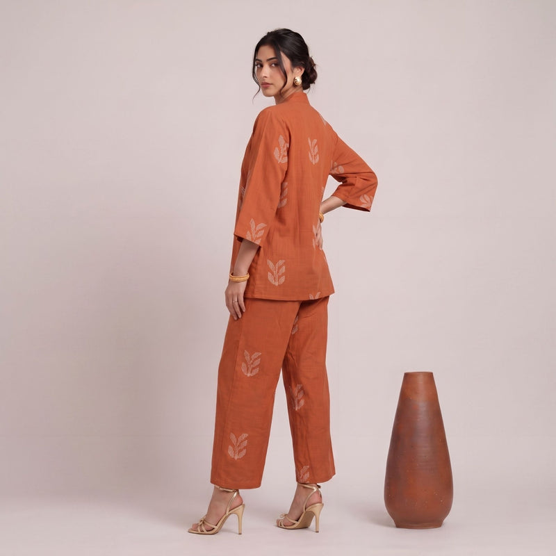Juniper Set Of 3 - Overlay, Slip Top & Barrel Leg Pants - Orange & Greige With Embroidery