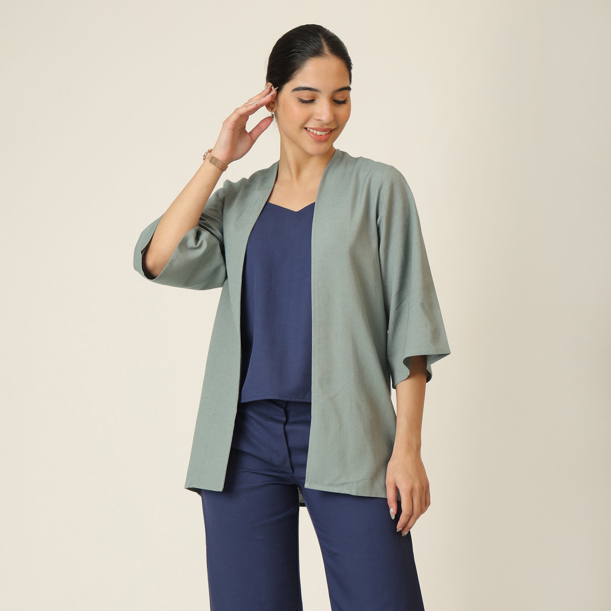 Juniper Set Of 3 - Overlay, Slip Top & Barrel Leg Pants - Agave Green & Navy Blue