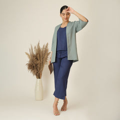 Juniper Set Of 3 - Overlay, Slip Top & Barrel Leg Pants - Agave Green & Navy Blue