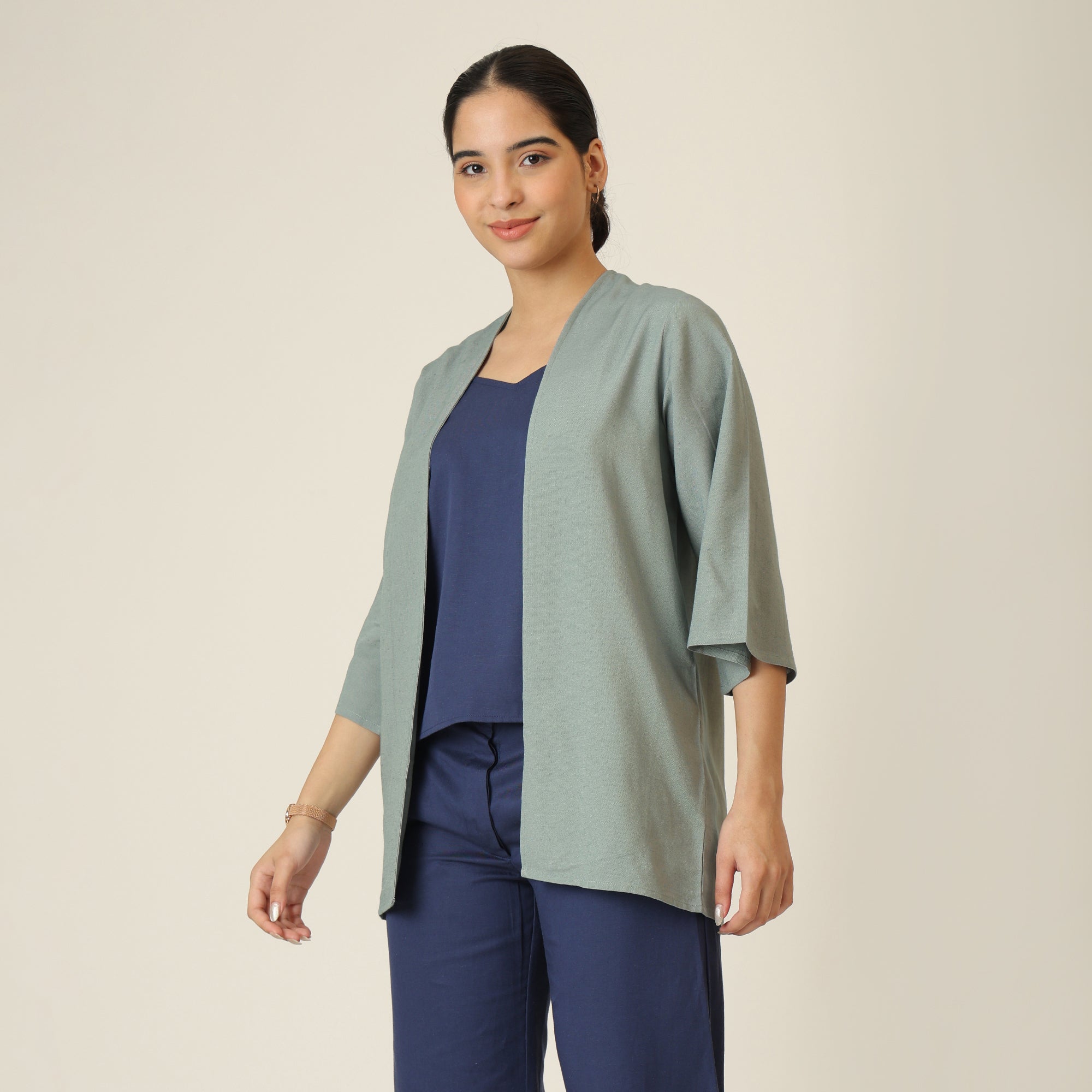 Juniper Set Of 3 - Overlay, Slip Top & Barrel Leg Pants - Agave Green & Navy Blue