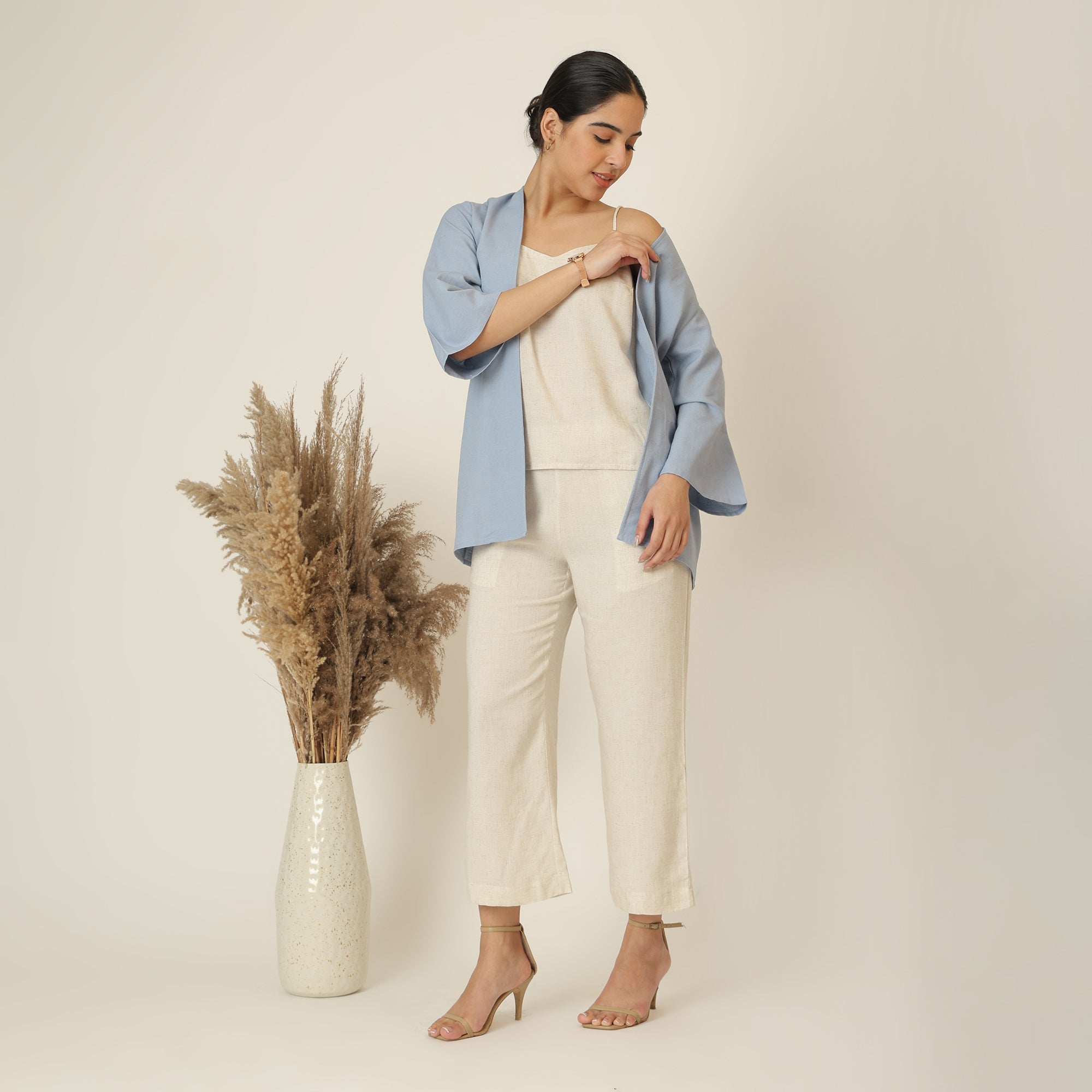 Juniper Set Of 3 - Overlay, Slip Top & Barrel Leg Pants - Dusty Blue & Beige