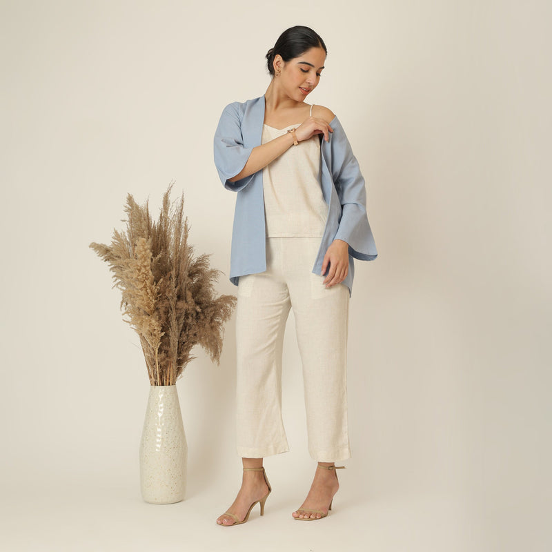 Juniper Set Of 3 - Overlay, Slip Top & Barrel Leg Pants - Dusty Blue & Beige