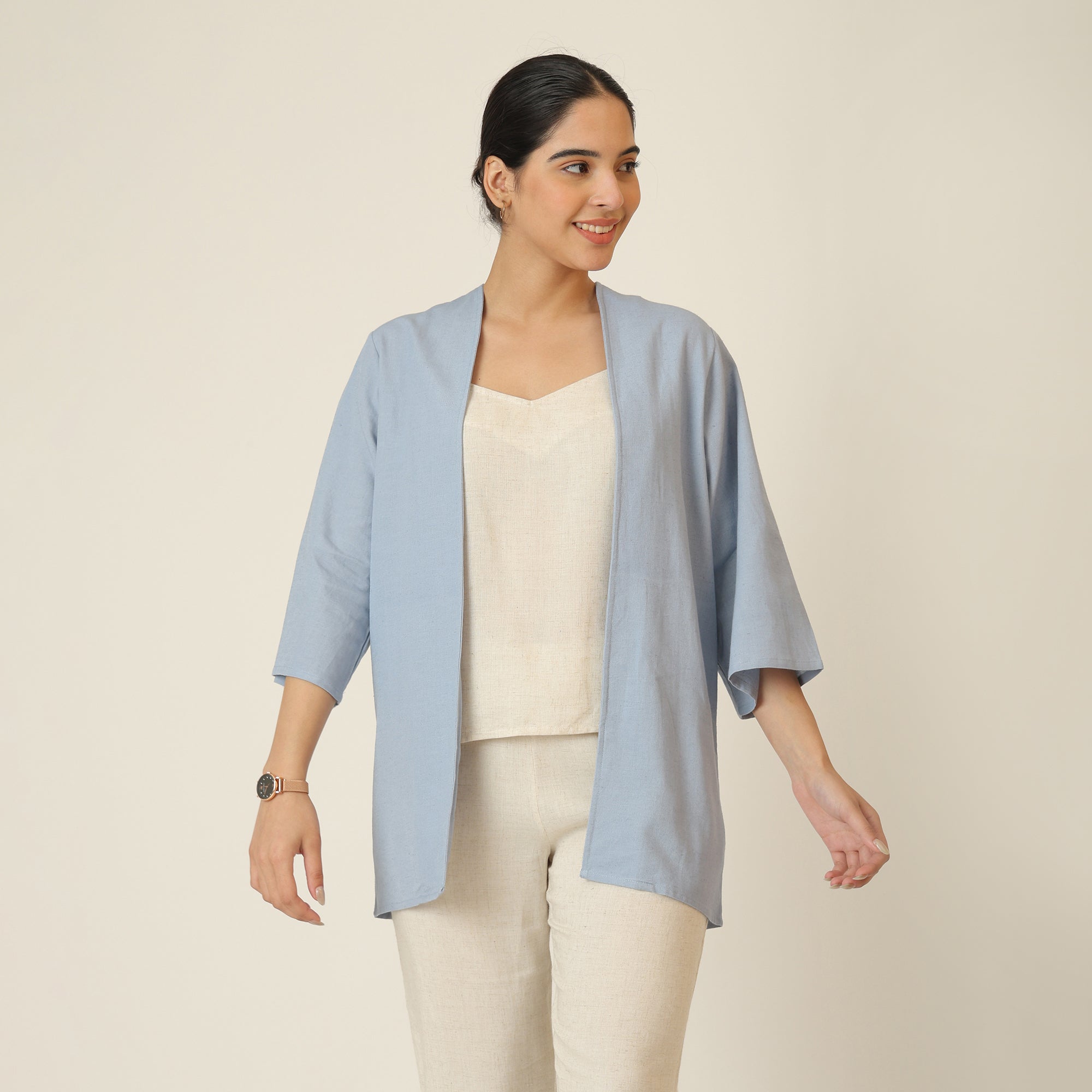 Juniper Set Of 3 - Overlay, Slip Top & Barrel Leg Pants - Dusty Blue & Beige