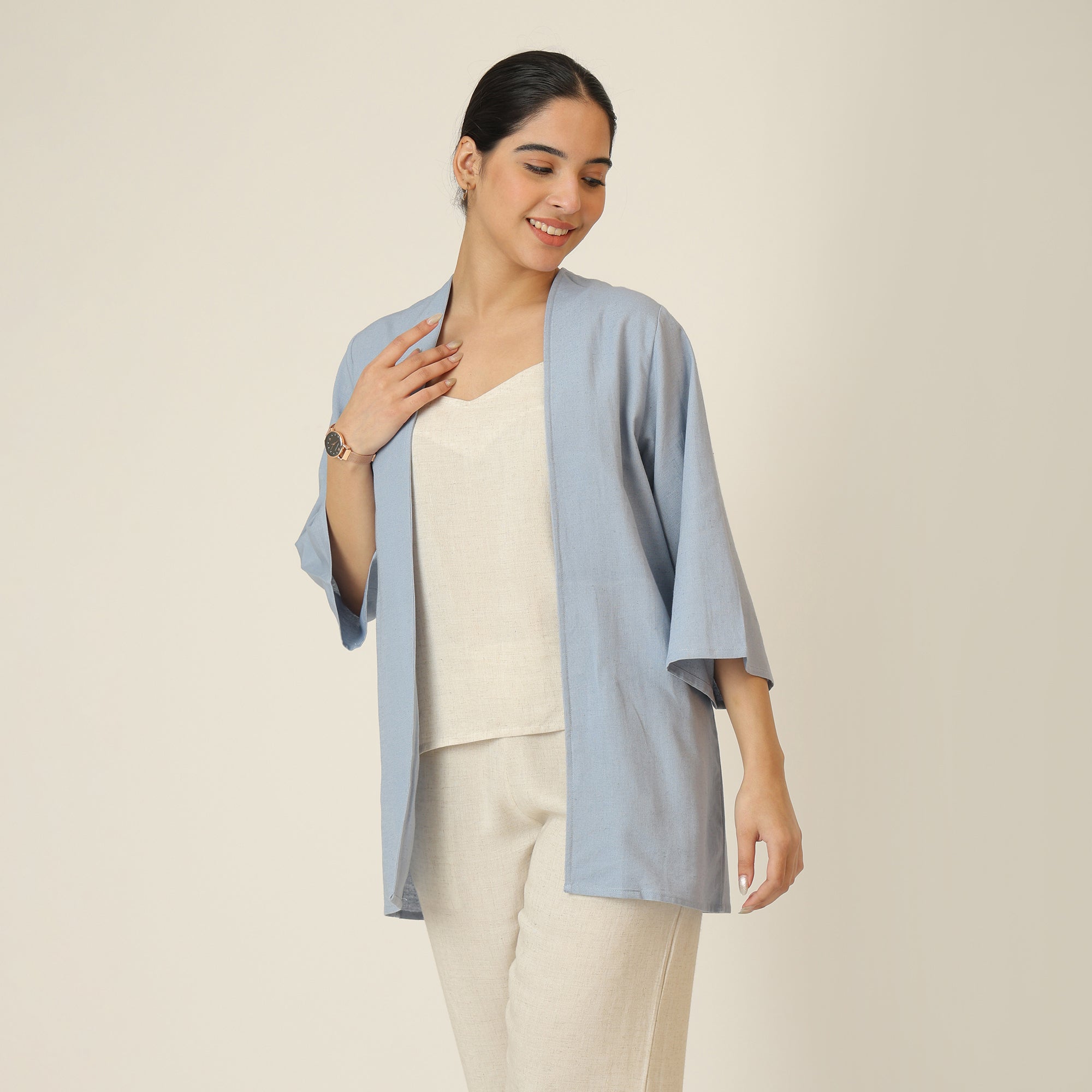 Juniper Set Of 3 - Overlay, Slip Top & Barrel Leg Pants - Dusty Blue & Beige