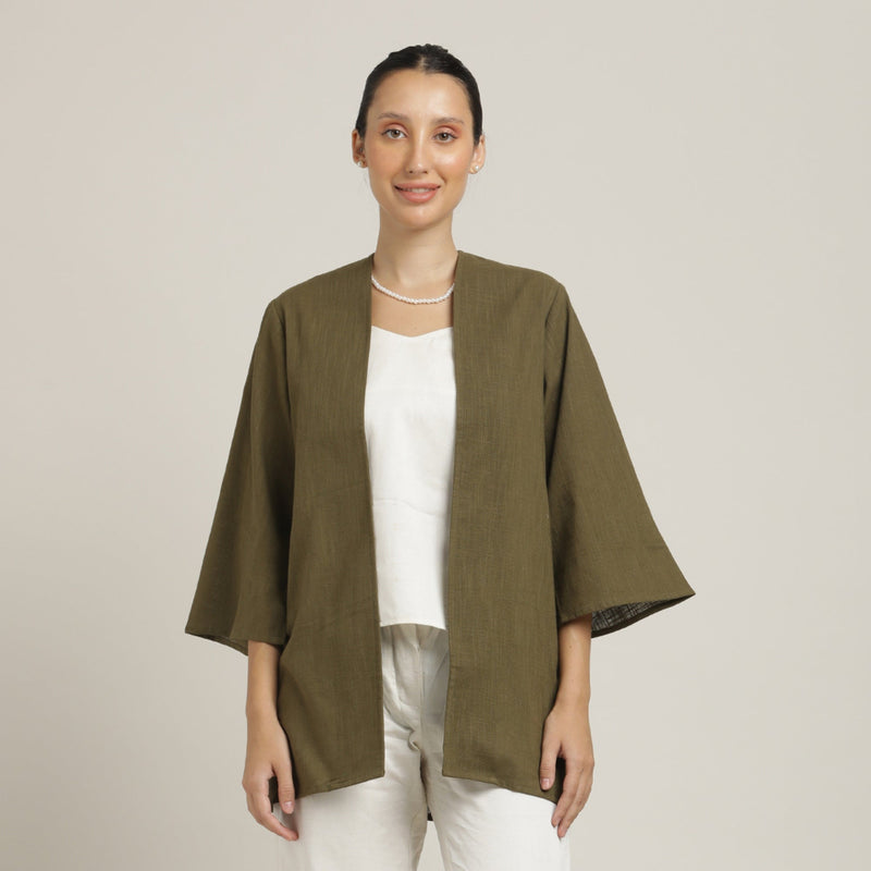 Juniper Set Of 3 - Overlay, Slip Top & Barrel Leg Pants - Olive Green & Ecru