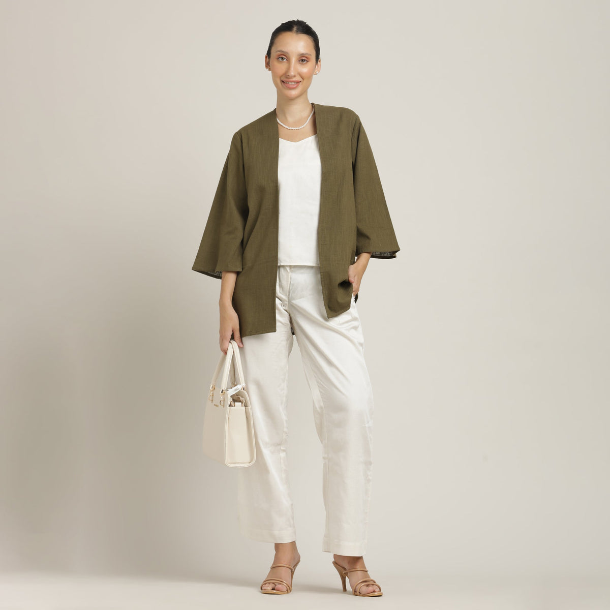 Juniper Set Of 3 - Overlay, Slip Top & Barrel Leg Pants - Olive Green & Ecru