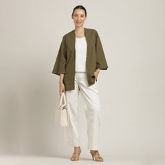 Juniper Set Of 3 - Overlay, Slip Top & Barrel Leg Pants - Olive Green & Ecru